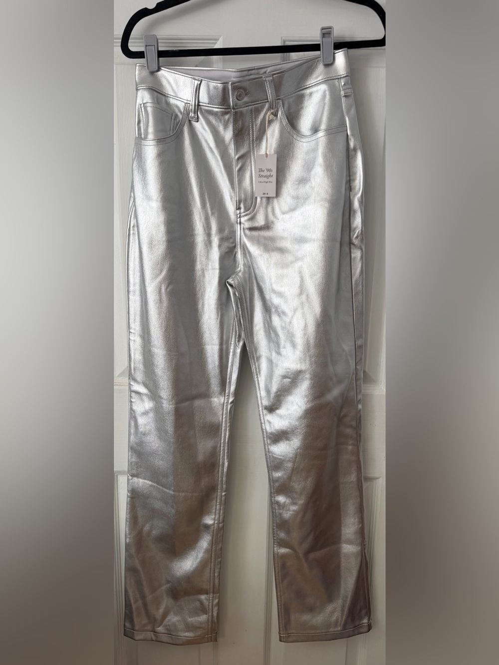 NWT Abercrombie 90s Straight Silver Metallic Vegan Leather Pants 28/6